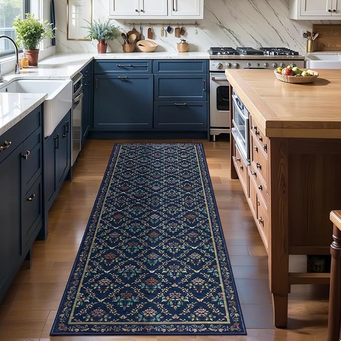 Tangsoo 2x6 Washable Runner Rug for Hallways, Non Slip Blue Floral Carpet Runner, Soft Low Pile Floor Carpet Runner for Kitchen, Laundry, Bedroom, Bathroom, Living Room Home Decor