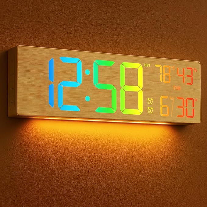 2025 Upgrade 18.5" Large Digital Wall Clock with Remote Control, Big LED Display Digital Clocks with Night Light, Alarm, Countdown, DST, Temp for Living Room, Bedroom, Office, Gift for Seniors(Bamboo)