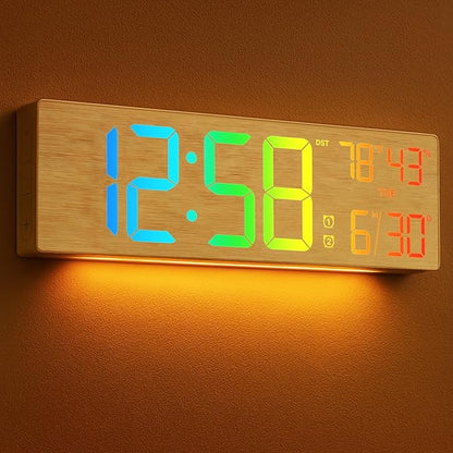 2025 Upgrade 18.5" Large Digital Wall Clock with Remote Control, Big LED Display Digital Clocks with Night Light, Alarm, Countdown, DST, Temp for Living Room, Bedroom, Office, Gift for Seniors(Bamboo)