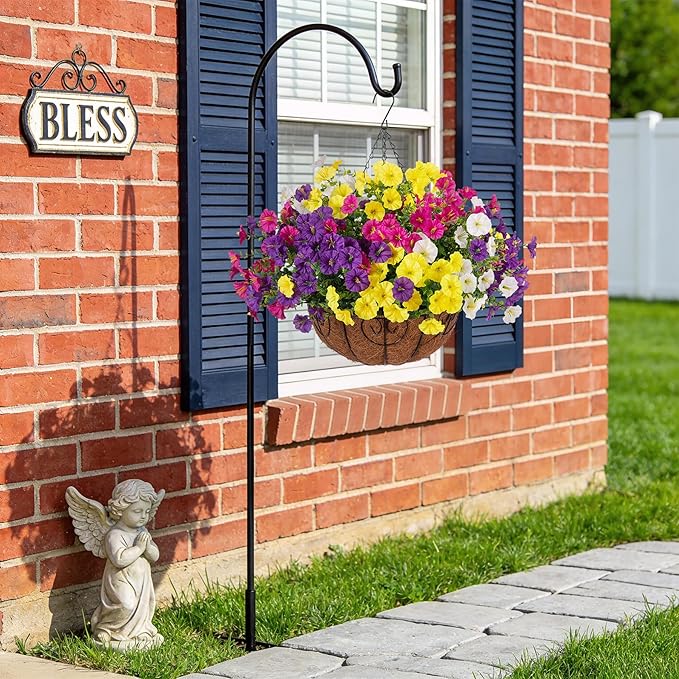 Artificial Fake Hanging Flowers with Basket for Outdoors, Faux Petunias Flowers Fake Hanging Plants with Eucalyptus Realistic UV Resistant for Outside Patio Garden Porch Balcony Yard Decor(4 Colors)