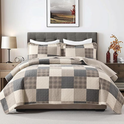 100% Cotton Quilt Set King Size - Reversible Quilted Comforter, Patchwork Plaid King Quilt Bedspread, Modern Farmhouse Lightweight Bedding for King Bed, 3pcs, Charcoal/Beige/Brown