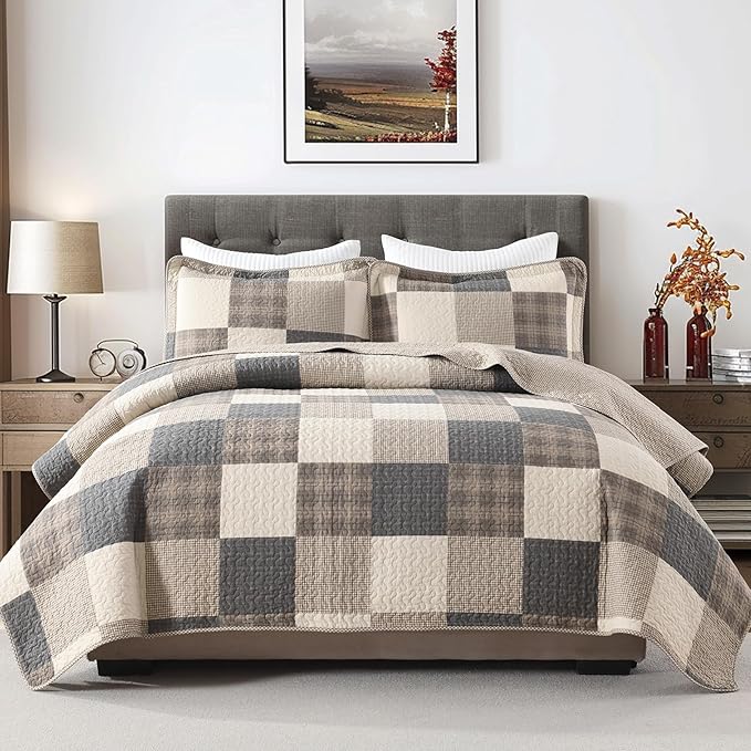 100% Cotton Quilt Set Queen Size - Reversible Quilted Comforter, Patchwork Plaid Queen Quilt Bedspread, Modern Farmhouse Lightweight Bedding for Queen Bed, 3pcs, Charcoal/Beige/Brown