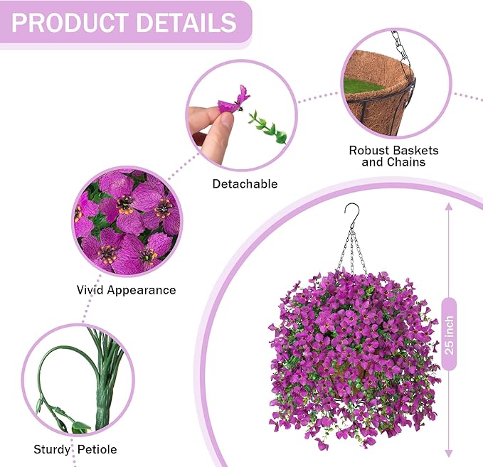 Artificial Hanging Flowers Plants with Basket for Outdoors, Realistic Faux Silk Daisy Flower Eucalyptus for Spring Decor, UV Resistant Fake Plants for Porch Patio Yard Balcony, Purple