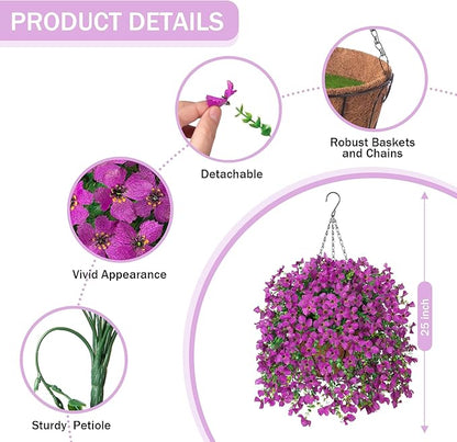 Artificial Hanging Flowers Plants with Basket for Outdoors, Realistic Faux Silk Daisy Flower Eucalyptus for Spring Decor, UV Resistant Fake Plants for Porch Patio Yard Balcony, Purple