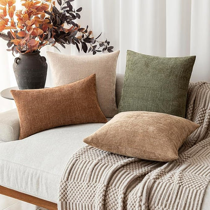 Foindtower Set of 2 Soft Textured Chenille Throw Decorative Pillow Covers Square Accent Solid Cushion Cover Cozy Neutral Farmhouse Pillow Case for Couch Sofa Bedroom Living Room 20x20 Inch,Cream Camel