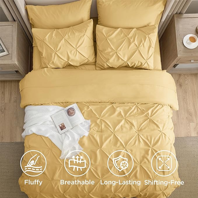 Bedsure King Size Comforter Set Yellow - Bed in a Bag Bedding Set 7 Pieces, GentleSoft™ Pintuck Bed Set Gift for Family, Pinch Pleat Yellow Comforter with Sheets, Pillowcases & Shams