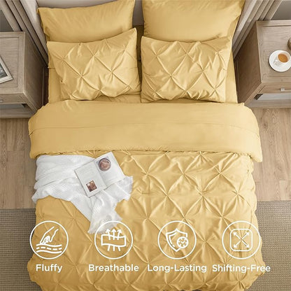 Bedsure King Size Comforter Set Yellow - Bed in a Bag Bedding Set 7 Pieces, GentleSoft™ Pintuck Bed Set Gift for Family, Pinch Pleat Yellow Comforter with Sheets, Pillowcases & Shams