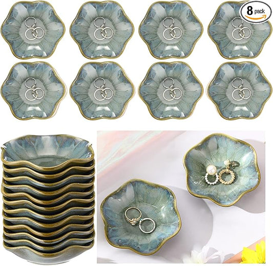 8 Pcs Ceramic Trinket Dish Lotus Leaf Jewelry Tray Small Ring Dish for Earrings, Rings, Jewelry Holder, Key Bowl(Dark Green)