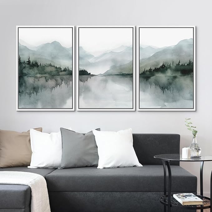 MUDECOR Framed Wall Art Print Set Misty Mountain Lake Watercolor Serene Illustrations Modern Art Boho Decorative Colorful Chic for Living Room, Bedroom, Office - 16"x24"x3 White