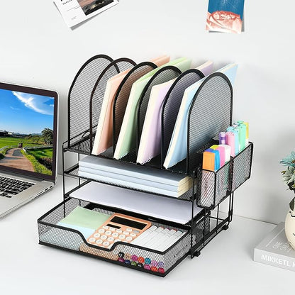 Desk Organizers and Accessories with Drawer, File Organizer with 5 Vertical File Holders and Pen Holders, Office Desk Accessories Workspace Desktop Organizers for Office Supplies (Black)