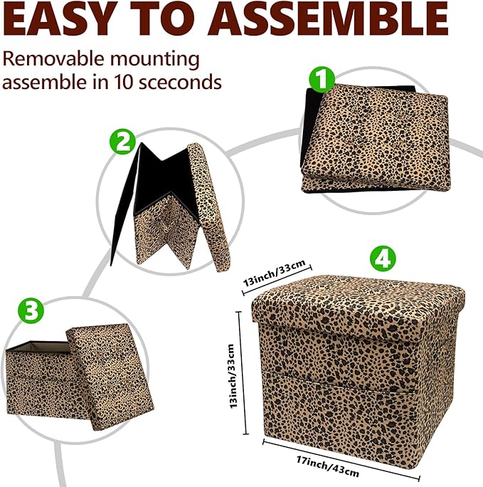 ALASDO Storage Ottoman Footrest Stool Small Ottoman with Storage Foldable Ottomans Foot Rest Footstool Bench for Living Room 17x13x13inches Leopard Print