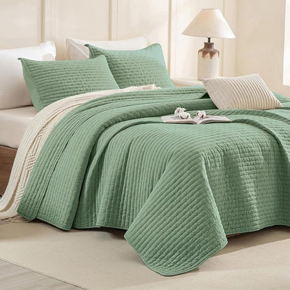 Sanracie Cotton Oversized King Bedspread(128"x120"), Green Ultra Soft Stonewashed Extra Large Wide Oversized Quilt Sets Cross Stitch Lightweight Crinkle Coverlet Set 3Pcs for All Season