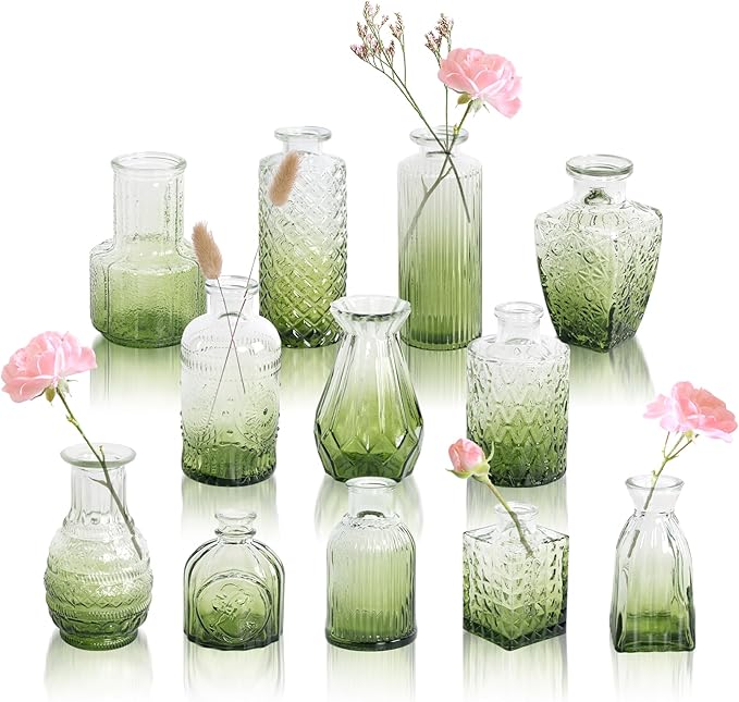 Vintage Olive Green Glass Bud Vases Set of 12, Assorted Decorative Mini Flower Vase Bulk for Centerpieces, Wedding, Home Decor Small Vases for Flowers, Table Decor, Party & Event, Baby Shower