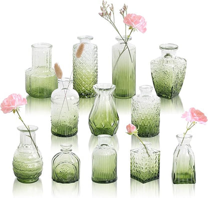 Vintage Olive Green Glass Bud Vases Set of 12, Assorted Decorative Mini Flower Vase Bulk for Centerpieces, Wedding, Home Decor Small Vases for Flowers, Table Decor, Party & Event, Baby Shower