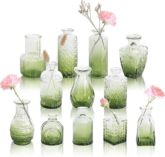 Vintage Olive Green Glass Bud Vases Set of 12, Assorted Decorative Mini Flower Vase Bulk for Centerpieces, Wedding, Home Decor Small Vases for Flowers, Table Decor, Party & Event, Baby Shower