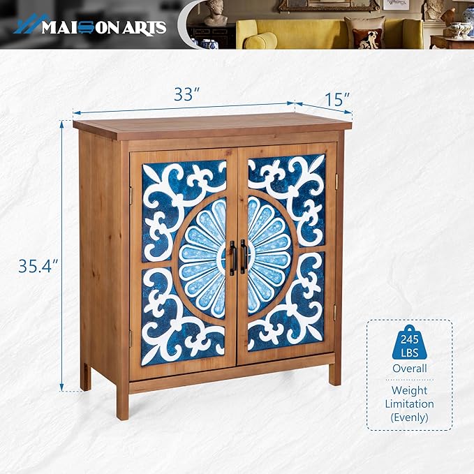 MAISON ARTS Accent Cabinet with 2 Doors, Farmhouse Decorative Storage Cabinets with Solid Wood Frame & Legs Small Sideboard Buffet Cabinet for Living Room Entryway, Blue & White