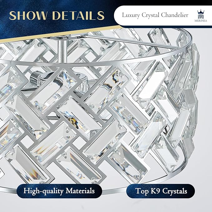 Chrome Crystal Chandelier 4-Light, 12" Modern Round Drum Ceiling Light, Semi Flush Mount Crystal Pendant Fixture for Kitchen Island, Dining Room, Bedroom, Entryway, Hallway