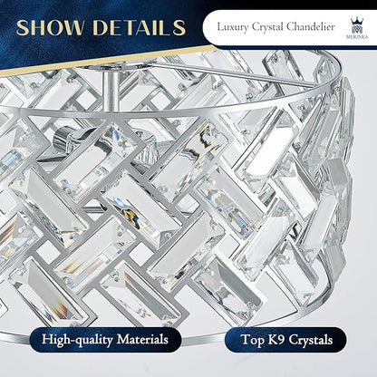Chrome Crystal Chandelier 4-Light, 12" Modern Round Drum Ceiling Light, Semi Flush Mount Crystal Pendant Fixture for Kitchen Island, Dining Room, Bedroom, Entryway, Hallway