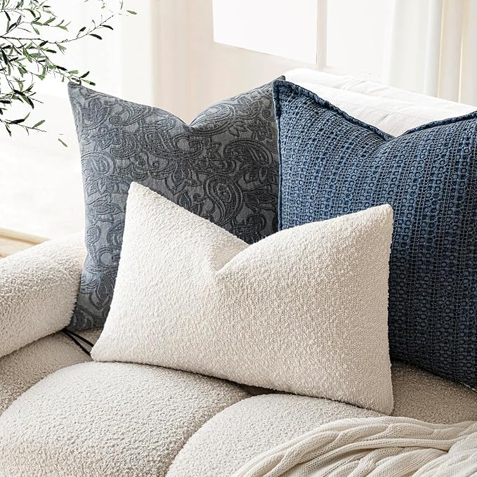 Foindtower Textured Boucle Throw Pillow Covers Accent Solid Lumbar Pillow Cases Cozy Soft Decorative Couch Cushion Case for Chair Sofa Bedroom Living Room Home Decor, 12 x 20 Inch,White