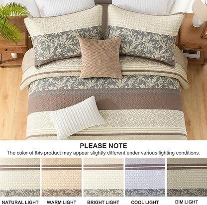 PERHOM King Size Quilt Set, 3 Pieces 100% Cotton King Quilted Bedding with 2 Pillow Shams, Farmhouse Stiped Botanical Pattern, Lightweight Reversible Coverlet Bedspread, Brown/Beige/Gray
