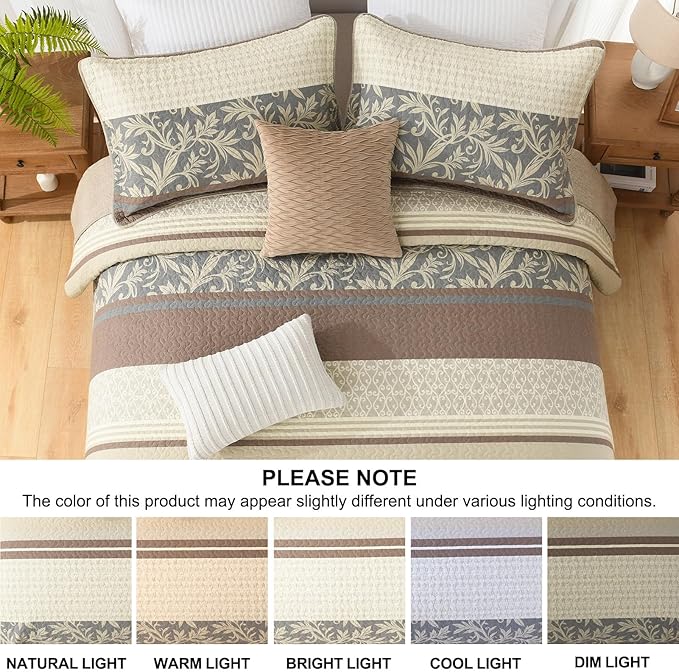 PERHOM Queen Size Quilt Set, 3 Pieces Queen 100% Cotton Quilted Bedding with 2 Pillow Shams, Farmhouse Stiped Botanical Pattern, Lightweight Reversible Coverlet Bedspread, Brown/Beige/Gray