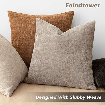 Foindtower Set of 2 Soft Textured Chenille Throw Decorative Pillow Covers Square Accent Solid Cushion Cover Cozy Neutral Farmhouse Pillow Case for Couch Sofa Bedroom Living Room 16x16 Inch,Light Taupe