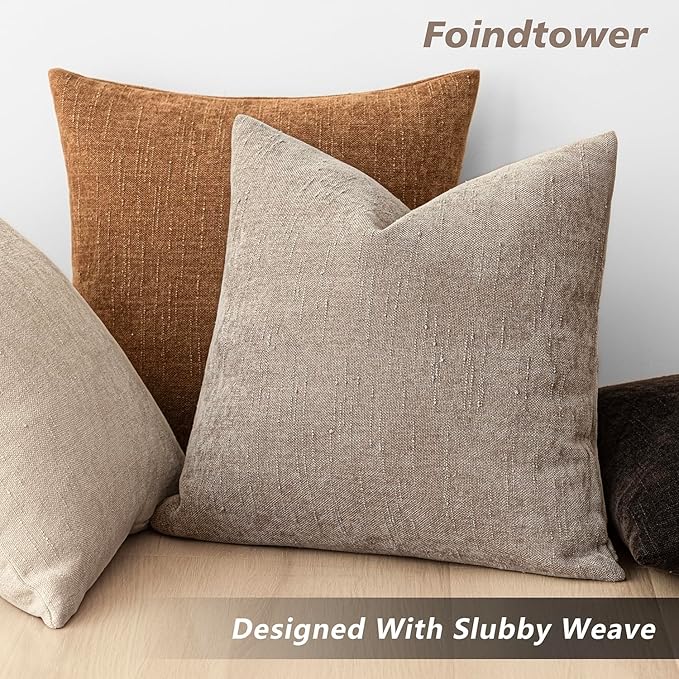 Foindtower Set of 2 Textured Chenille Throw Decorative Pillow Covers Square Accent Solid Cushion Cover Neutral Farmhouse Lumbar Pillow Case for Couch Sofa Bedroom Living Room 12x20 Inch,Light Taupe