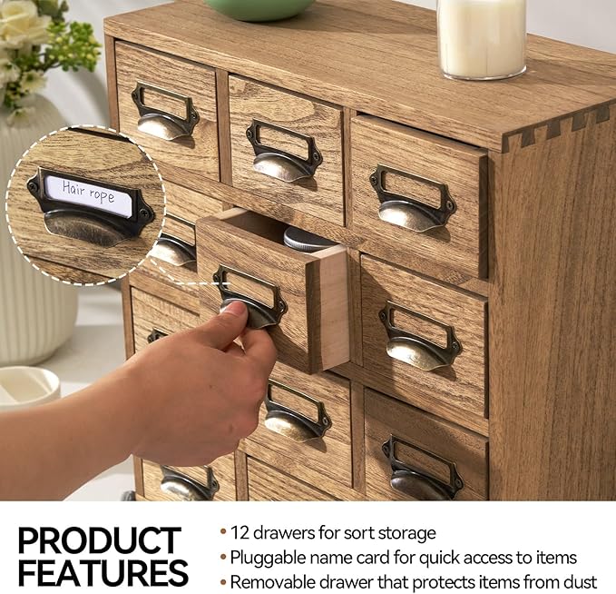 KIRIGEN Wooden Desk Storage Cabinet 12 Drawers Mini Chest with Metal Handles Desktop Organizer Storage Box for Home Office Dark Brown(12CG-DBR)