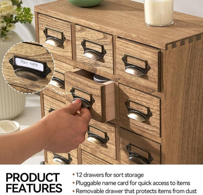 KIRIGEN Wooden Desk Storage Cabinet 12 Drawers Mini Chest with Metal Handles Desktop Organizer Storage Box for Home Office Dark Brown(12CG-DBR)