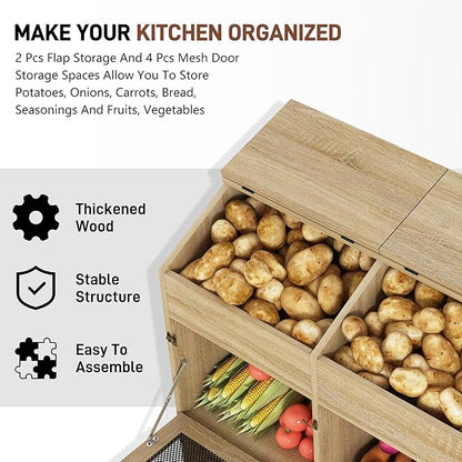Large Wood Bread Box for Potato,Onion.Veggie Bin W/6 Large Storage Box.Root Vegetable Storage Box For Kitchen,Farmhouse Potato Storage Bin W/4 Mesh Doors,Bread Keeper for Toast,Bagel,Donut,Cookies
