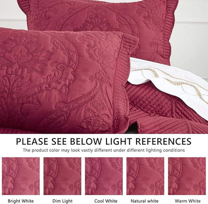 CHIXIN Bedspread Coverlet Set Queen Size - Lightweight Bedding Cover - Beautiful Stitching - 5 Piece Reversible Bedspread - Gorgeous Damask Paisley Pattern (Queen, Wine Red)