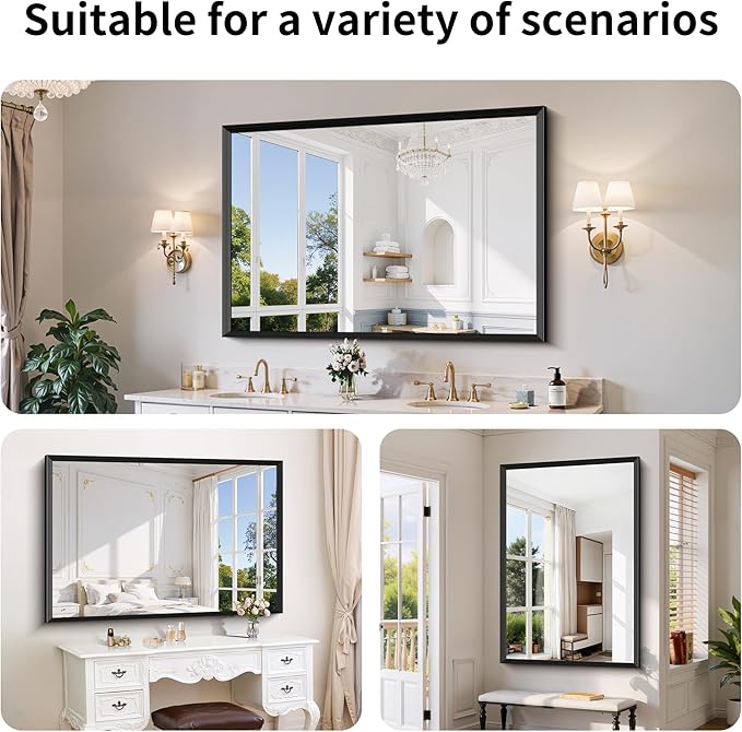 Black Bathroom Mirror 60 x 40 Inch Rectangle Wave Beveled Frame for Wall Bathroom Vanity Mirror for Over Sink, Tempered Glass,for Entryway Hangs, Bathroom Living Room Horizontal or Vertical