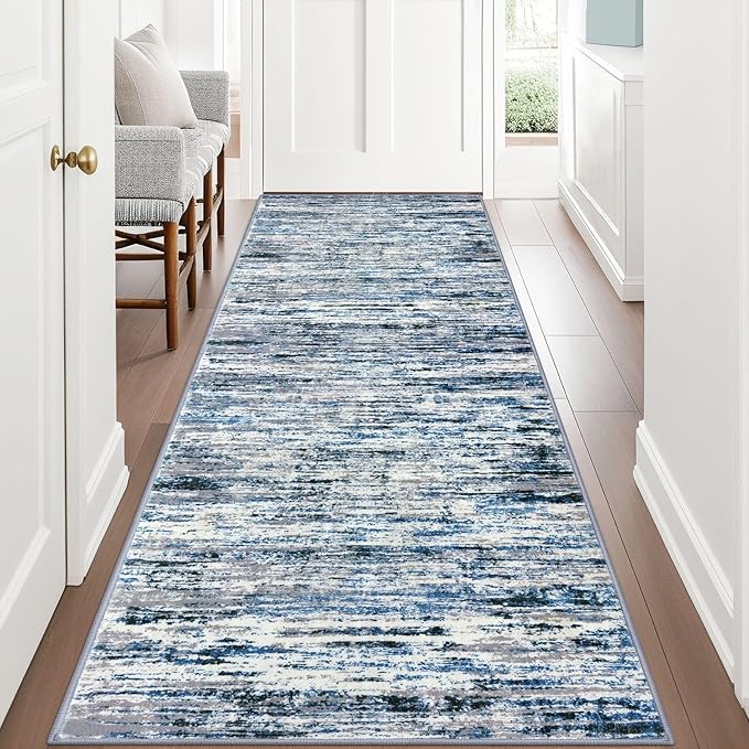 Modern Abstract Runner Rug 3x8, Grey Blue White, Washable Kitchen Runner Non-Slip Soft Hallway Rug Thin Print Faux Wool Carpet for Entryway Bedroom Laundry Room Indoor Home Office Decor