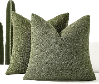 Boucle Decorative Throw Pillow Covers for Couch Set of 2, 26x26 inches, Olive