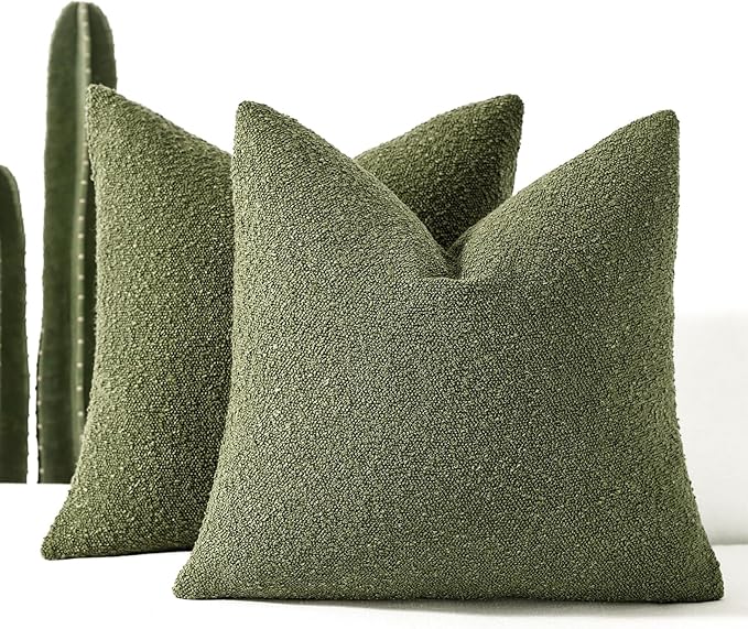 Boucle Decorative Throw Pillow Covers for Couch Set of 2, 20x20 inches, Olive