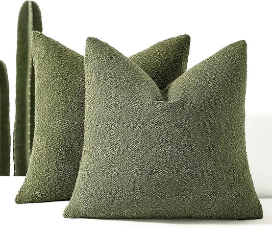 Boucle Decorative Throw Pillow Covers for Couch Set of 2, 20x20 inches, Olive