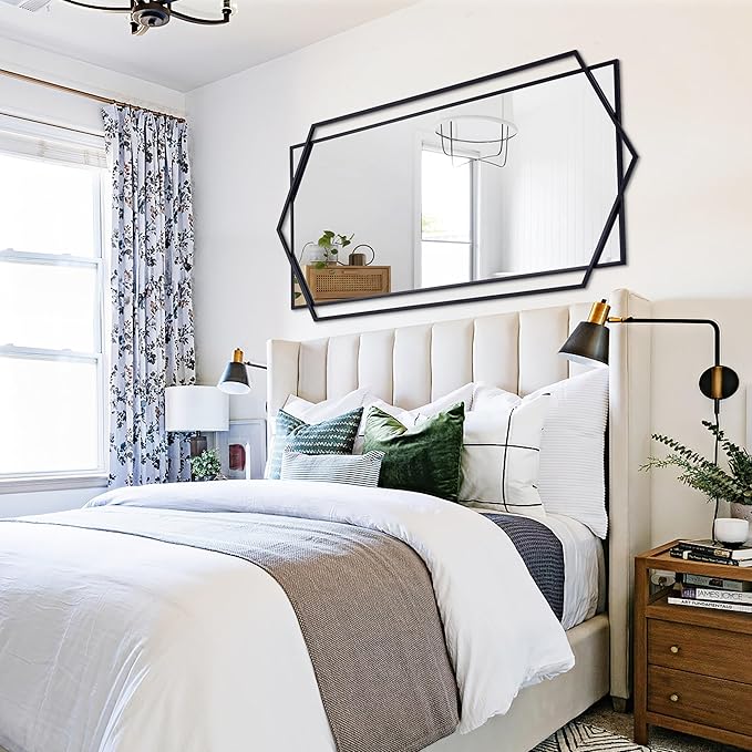 Black Wall Mirror for Decor, 30"x59" Decorative Living Room Mirror, Small Bathroom Mirror with Metal Frame, Modern Hexagon Mirror for Dining Room, Entrance