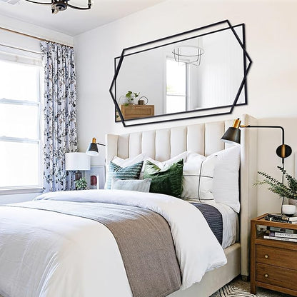 Black Wall Mirror for Decor, 30"x59" Decorative Living Room Mirror, Small Bathroom Mirror with Metal Frame, Modern Hexagon Mirror for Dining Room, Entrance