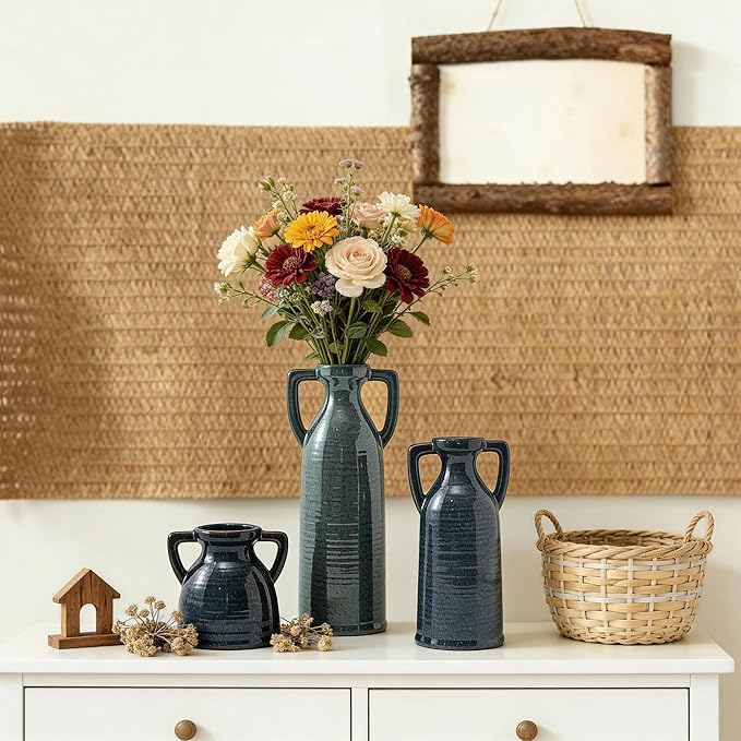 Ceramic Vase Set of 3 - Rustic Vases Set for Flower Centerpieces Pampas Grass - 3 Blue Bud Vase for Decor - Modern Decoration Terracotta Vases for Home Farmhouse Table Office, Mini Pottery Vase
