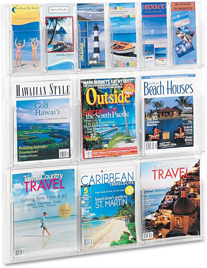 Safco Reveal Literature Rack, 6 Pamphlet and 6 Magazine Holder, Wall-Mounted Brochure Organizer, Acrylic, Clear