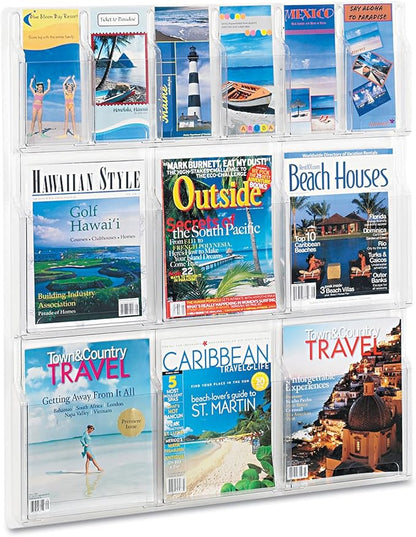 Safco Reveal Literature Rack, 6 Pamphlet and 6 Magazine Holder, Wall-Mounted Brochure Organizer, Acrylic, Clear