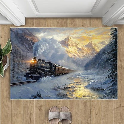 Train 6x9 Area Rugs,Forest and Mountains Bedroom Rug Winter Landscape Non-Slip Washable Rug for Living Room Nursery Kitchen Low-Pile Carpet