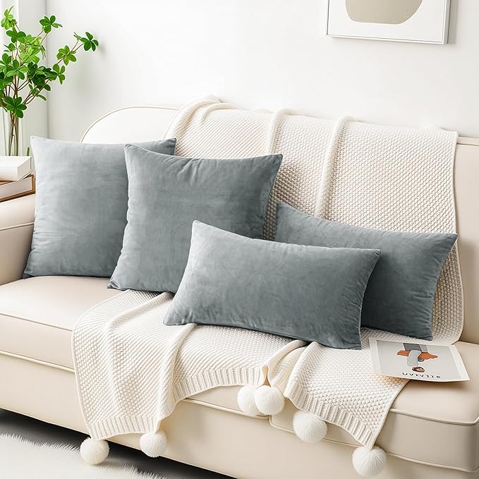 HWY 50 Gray Grey Velvet Rectangular Throw Pillow Covers 12x20 Inch, Pack of 2 Soft Cozy Solid Decorative Luxury Cushion Cases for Couch Sofa Bed Living Room Bedroom