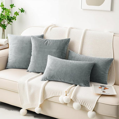 HWY 50 Gray Grey Velvet Throw Pillow Covers 18x18 Inch, Pack of 2 Soft Cozy Solid Decorative Luxury Cushion Cases for Couch Sofa Bed Living Room Bedroom