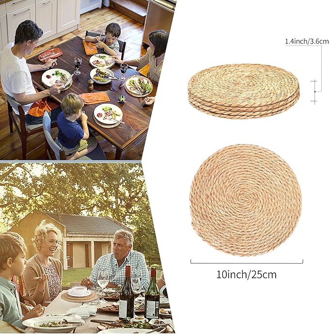 Woven Placemats Set of 4, 10 Inch Medium Rattan Placemats Wicker Place Mats,Natural Farmhouse Jute Braided Table Runner for Kitchen Countertops, Housewarming Gift,Table, Home Decor(10 Inch)