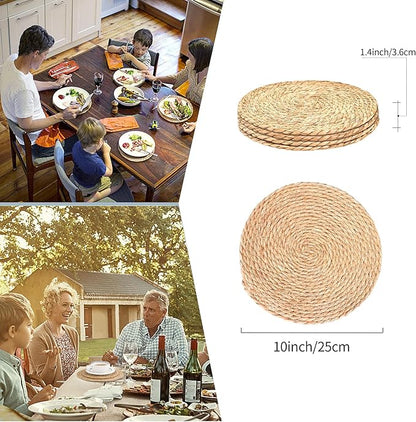 Woven Placemats Set of 4, 10 Inch Medium Rattan Placemats Wicker Place Mats,Natural Farmhouse Jute Braided Table Runner for Kitchen Countertops, Housewarming Gift,Table, Home Decor(10 Inch)
