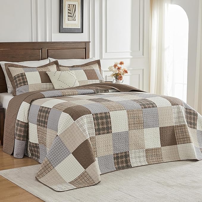 100% Cotton Queen Bedspread 120"x102", Oversized Quilt Bedspread Coverlet Set, Farmhouse Plaid Patchwork Pattern, Reversible Quilted Bedding Set, 3 Pieces, Khaki/Gray/Brown