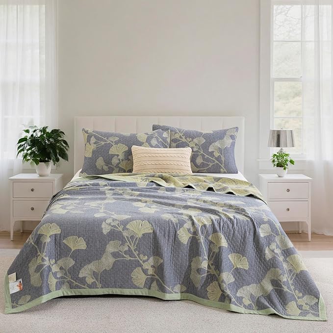 100% Cotton Muslin Jacquard 3 Piece Quilt Set Floral Ginkgo Leaf Print, Soft 3 Layers Gauze Bed Cover Reversible Bedspread Coverlet Breathable Lightweight Bedding Set, King