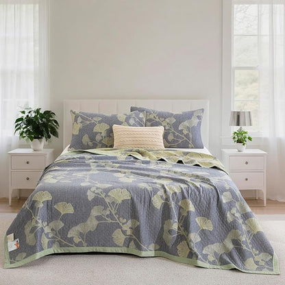 100% Cotton Muslin Jacquard 3 Piece Quilt Set Floral Ginkgo Leaf Print, Soft 3 Layers Gauze Bed Cover Reversible Bedspread Coverlet Breathable Lightweight Bedding Set, Queen