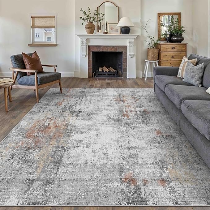 9x12 Washable Area Rug Grey Rust Abstract Living Room Bedroom Carpet Neutral Modern Non-Slip Soft Low Pile Lightweight Vacuumable Large Throw Rug for Dining Room